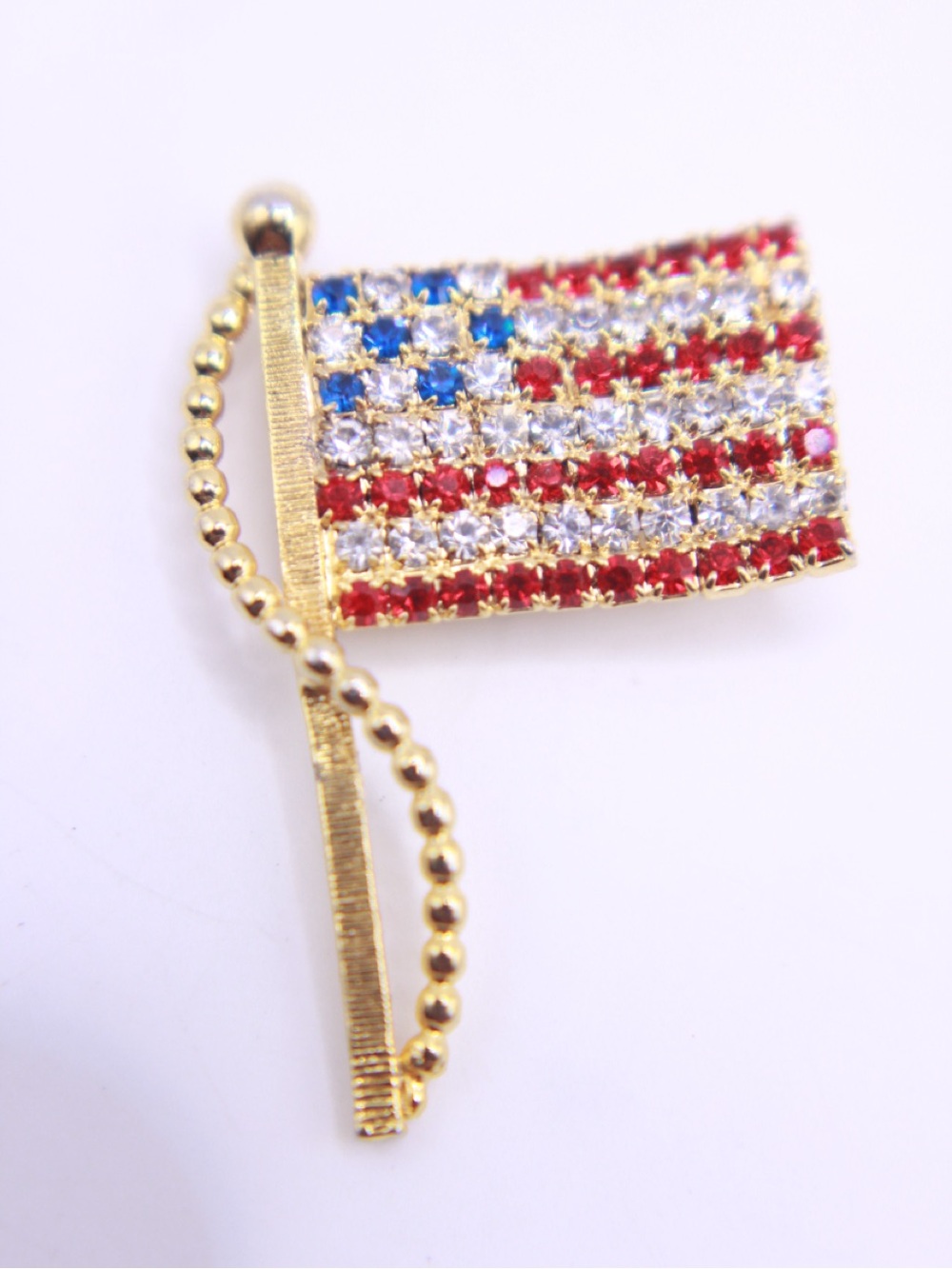 Vintage Gold-Tone American Flag Crystal Brooch - Red, White & Blue